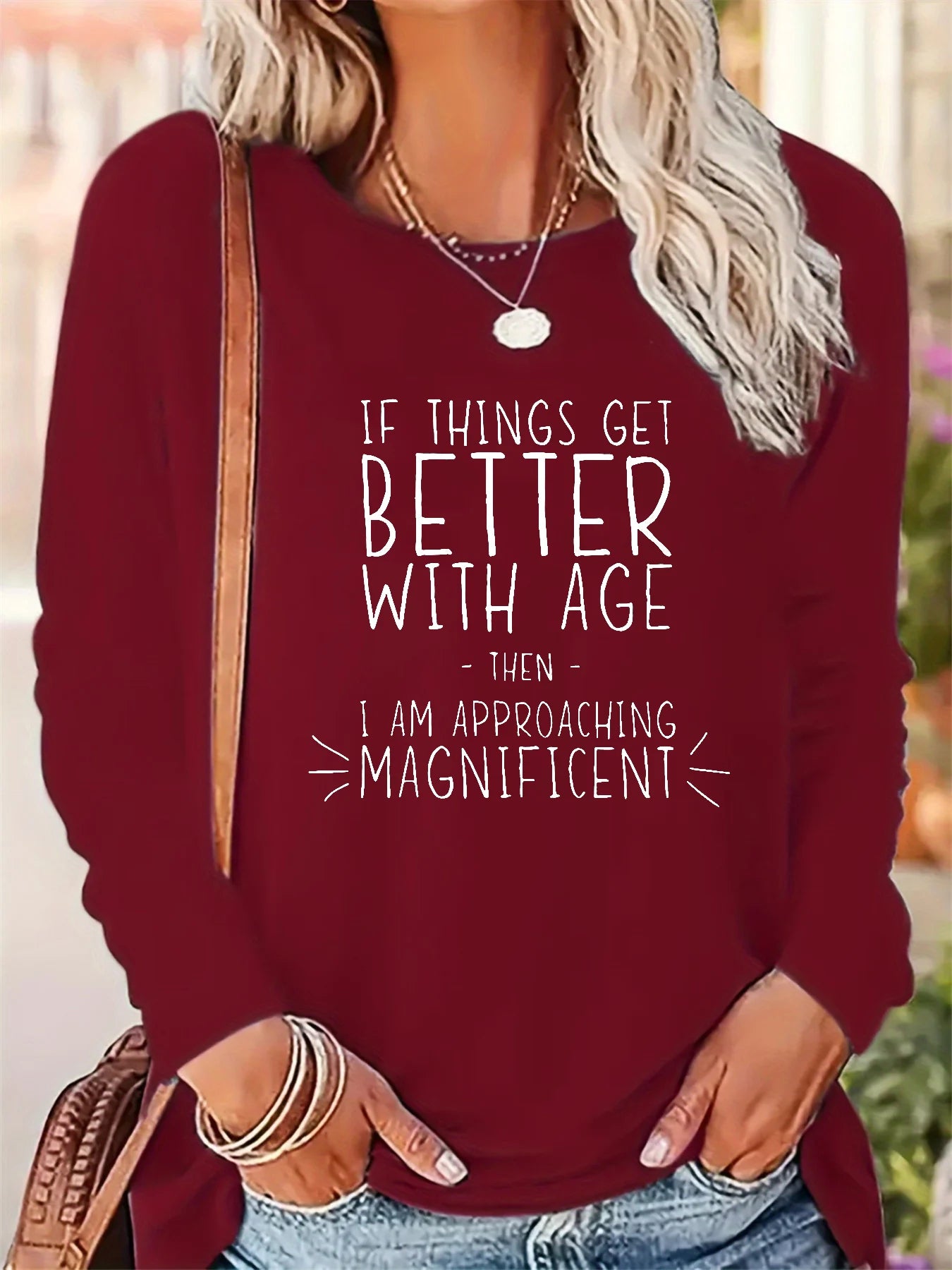 Women's Spring and Autumn 100% pure cotton fashionable casual loose inspirational quotes printed round neck long sleeved T-shirt
