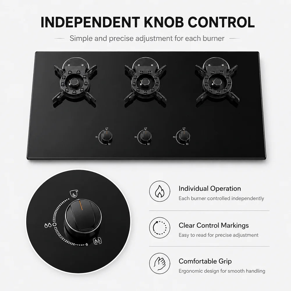 Triple Burner Gas Cooktop, Tempered Glass Surface, Rotary Knob Control, Kitchen Gas Cooker for Africa Market