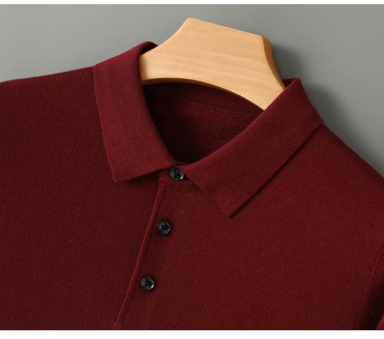 Men's Worsted Wool Kknit Pullover, Business Casual Polo Neck Sweater, Monochromatic Loose Top, Autumn and Winter Fashion, New