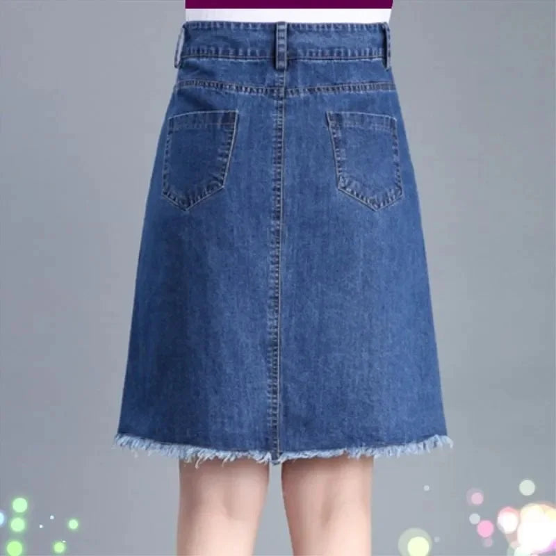 Large Size Denim Skirt For Women Spring Summer High-waisted A-line Jeans Skirt Ladies Korean Loose Tassels Mini Denim Skirts