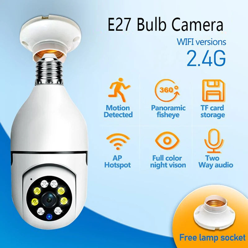 Wifi Mini E27 Bulb IP Camera - Full Color Night Vision + Automatic Human Tracking, Indoor Surveillance Security Monitor