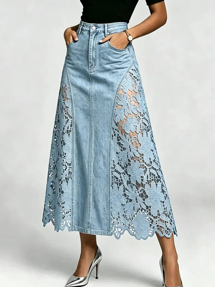 SHENGPALAE Women Denim Midi Skirt High Waist Bodycon Washed Lace Splicing Elegant Casual Floral Hollow Summer 2026 New 05E03125