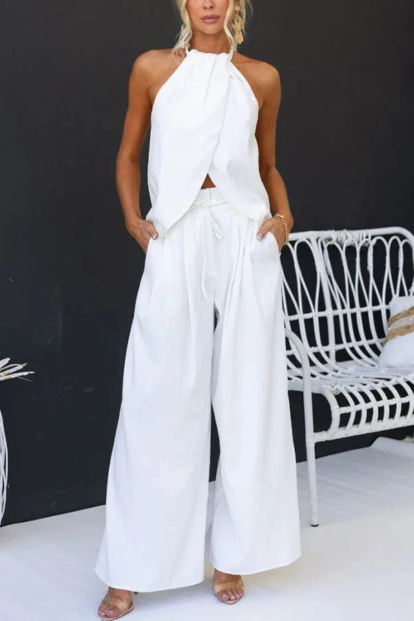 2025 Summer New Women's Elegant Solid Set Sexy Halter Tops+Lace-up Wide-leg Pants Two Piece Set Fashion High Street Office Lady