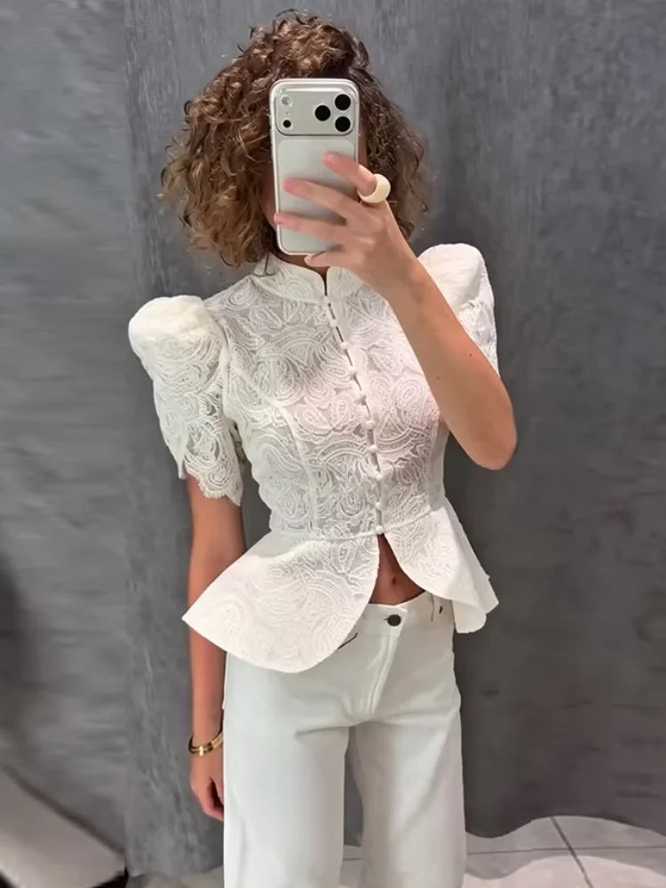 Lace Cutout Peplum Jacket Stand Collar Puff Sleeve Button Front Waist Cinched 2026 Summer Autumn Fashion Women Elegant Top