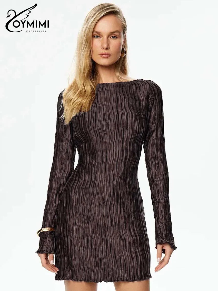 Oymimi Elegant Brown Pleated Women's Dress Fashion O-Neck Long Sleeve Slim Dresses Casual Straight Mini Dresses Female Clothing