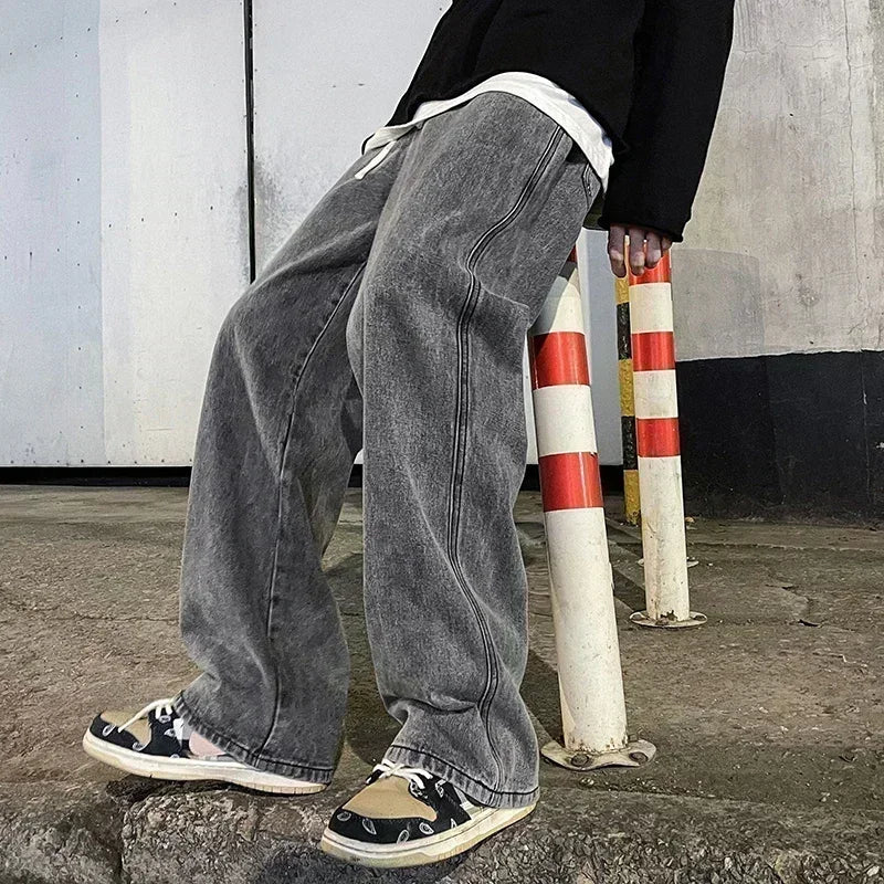 Korean Style Streetwear New Fashion Baggy Casual Men Jeans High Street Harajuku  Denim Trousers Men Brand pants Black grey Blue