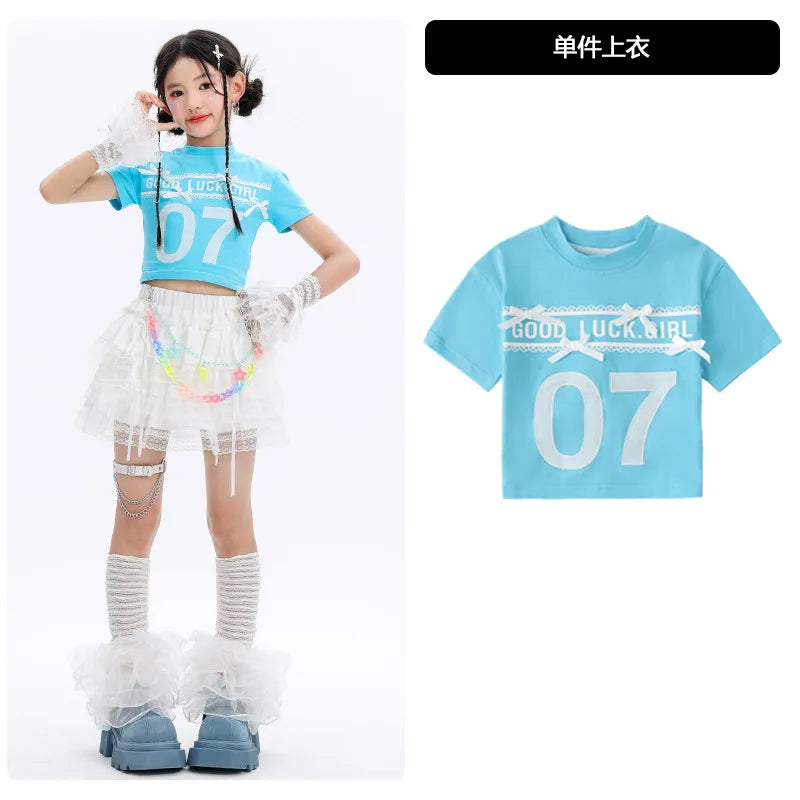 Kid Cute Hip Hop Clothing BLue Crop T Shirt Sleeves White Layered Lace Pleated Mini Skirt for Girls Jazz Dance Costume Clothes