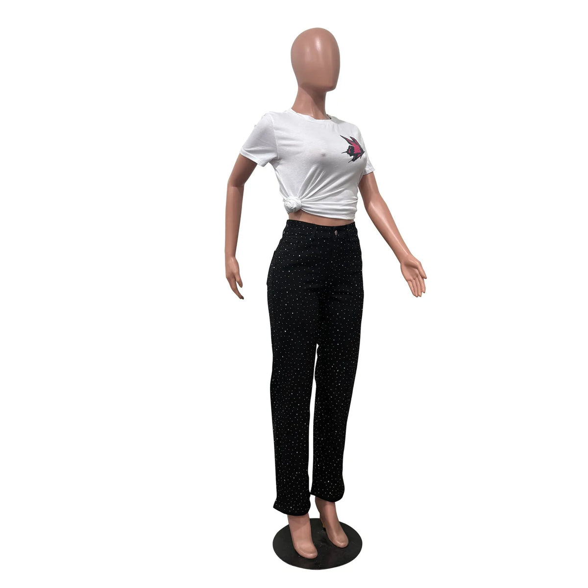 Women's Outfit Featuring Diamond-studded Washed Denim Pants Women's High-waisted Straight-leg Pants, and "hot Girl" Style Pants.