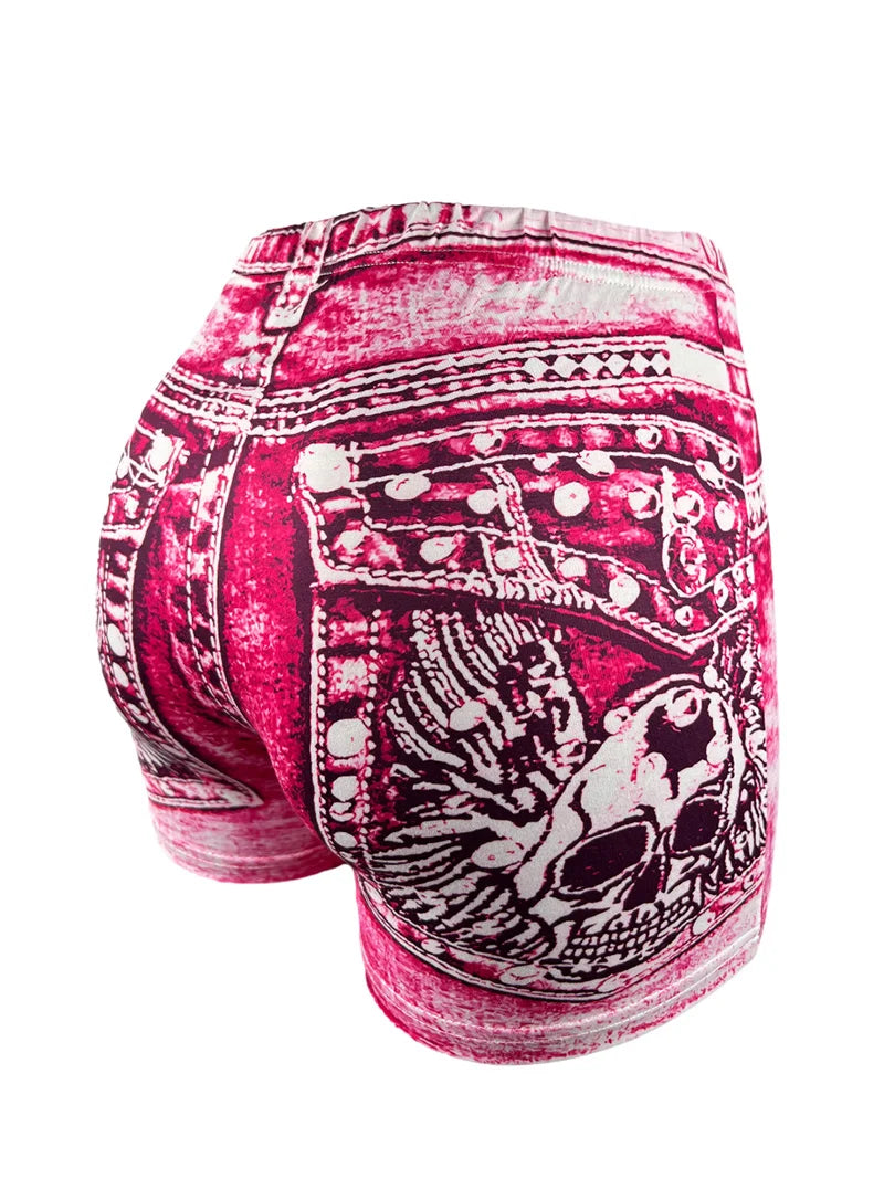 Women's Faux Denim Print High Stretch Slim Shorts, Versatile Yoga Shorts, Polyester Non-Denim Material