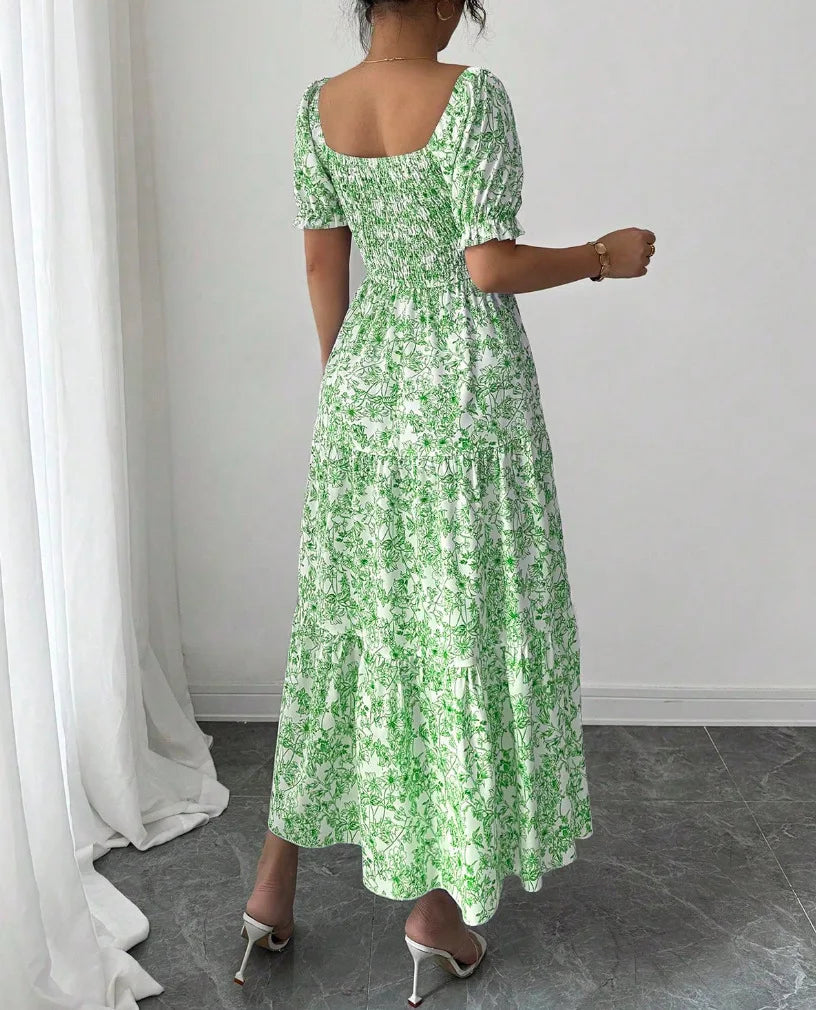 Spring and Autumn Women's Square Neck Short Sleeve Long Skirt Fresh Printed Casual Fashion Slight Backless Temperament Dress