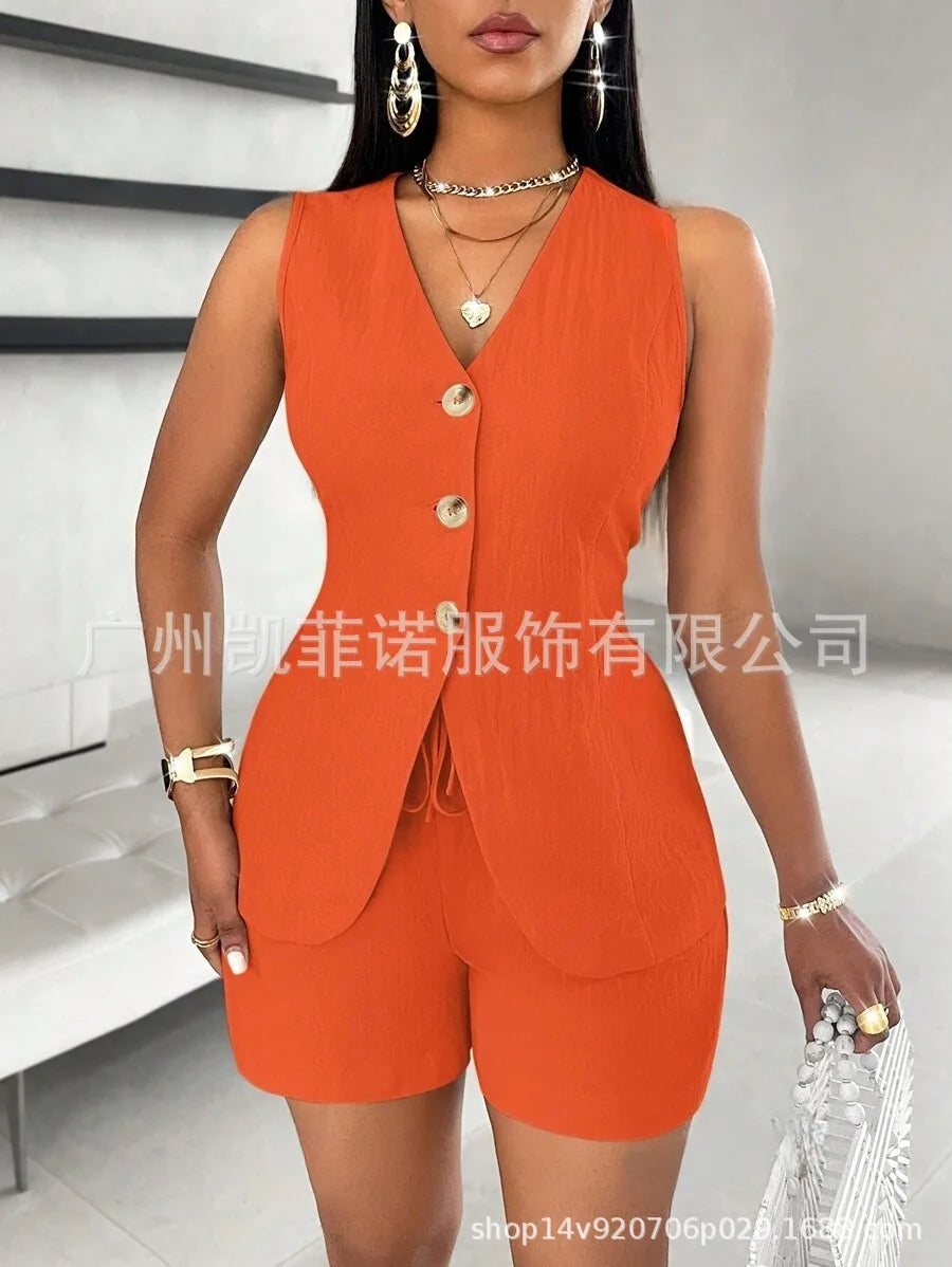 Women Fashion Casual Shorts Set Summer Vest Top Button Solid 2 Pieces Set Lace-up Pant Suits Womens Clothing Office Holiday 2025
