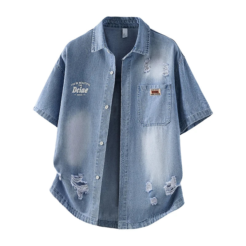 Men's Denim Shirt Summer Fashion Breathable Cotton Blend Short Sleeve Shirt Street Trendy Daily Outing Comfortable Jean Shirt