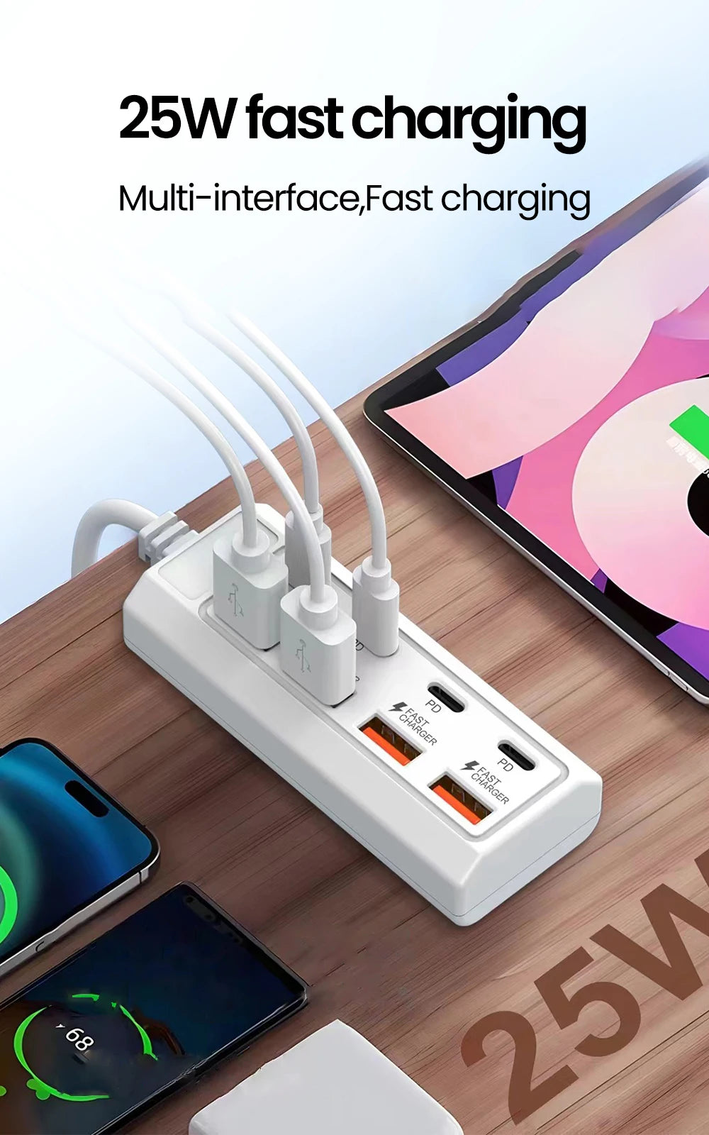 8-Port USB Charger Socket 25W Fast Charging Power Outlet Adapter Docking Stations USB Splitter Converter USB Electrical Socket