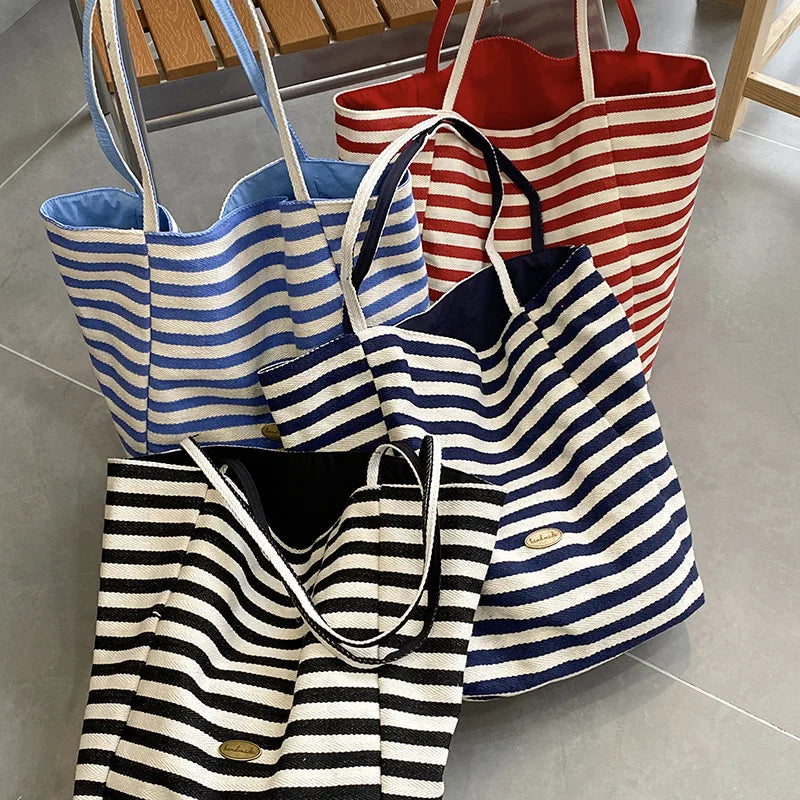 Casual Large Capacity Women's Canvas Shoulder Bags Striped Design Female Shopping Bag Summer Seaside Girls Handbags Beach Tote