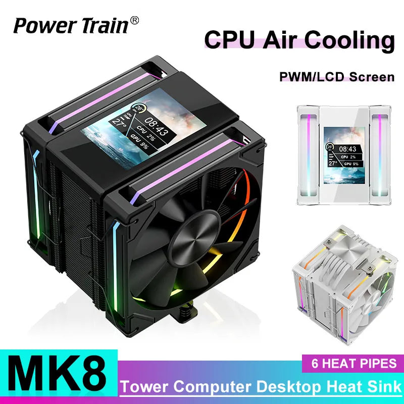 Power Train X-GAMERX MK8 Air Cooling CPU Radiator 6 Heat pipes Radiator ARGB Dual Fan LCD Screen Cooler INTEL LGA1700 1200 AM5