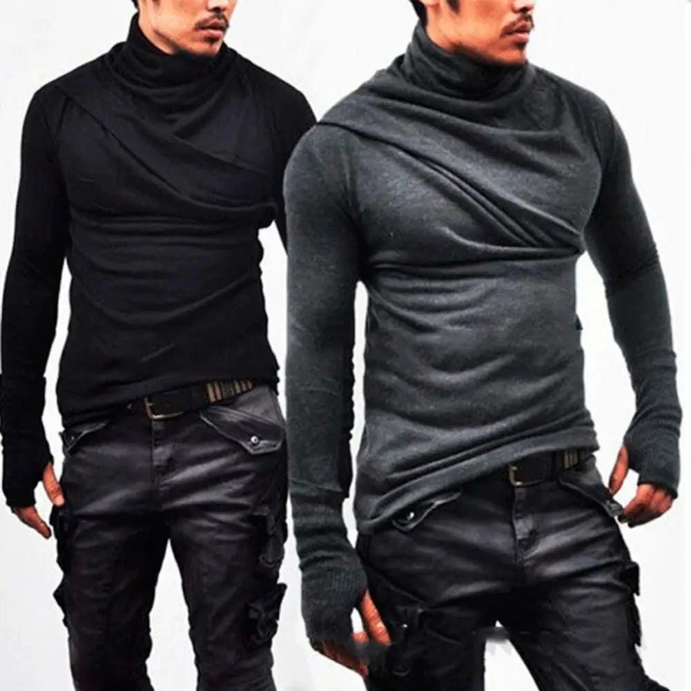Spring Autumn Men Top Slim Fit Casual Men Pleated Collar Shirt Stretchy Long Sleeves Pullover Sweatshirt for Sports Street Wear