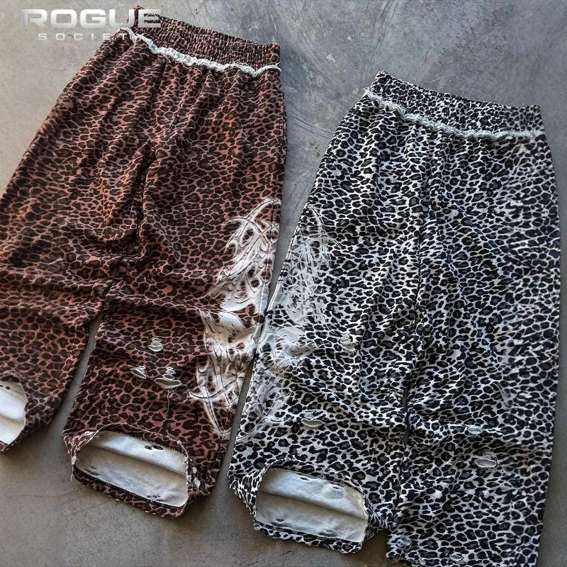 Summer Y2K Streetwear Leopard Print Wide Leg Pants Men Gothic Tribal Pattern Waist Casual High Stree Harajuku Hip Hop Trousers