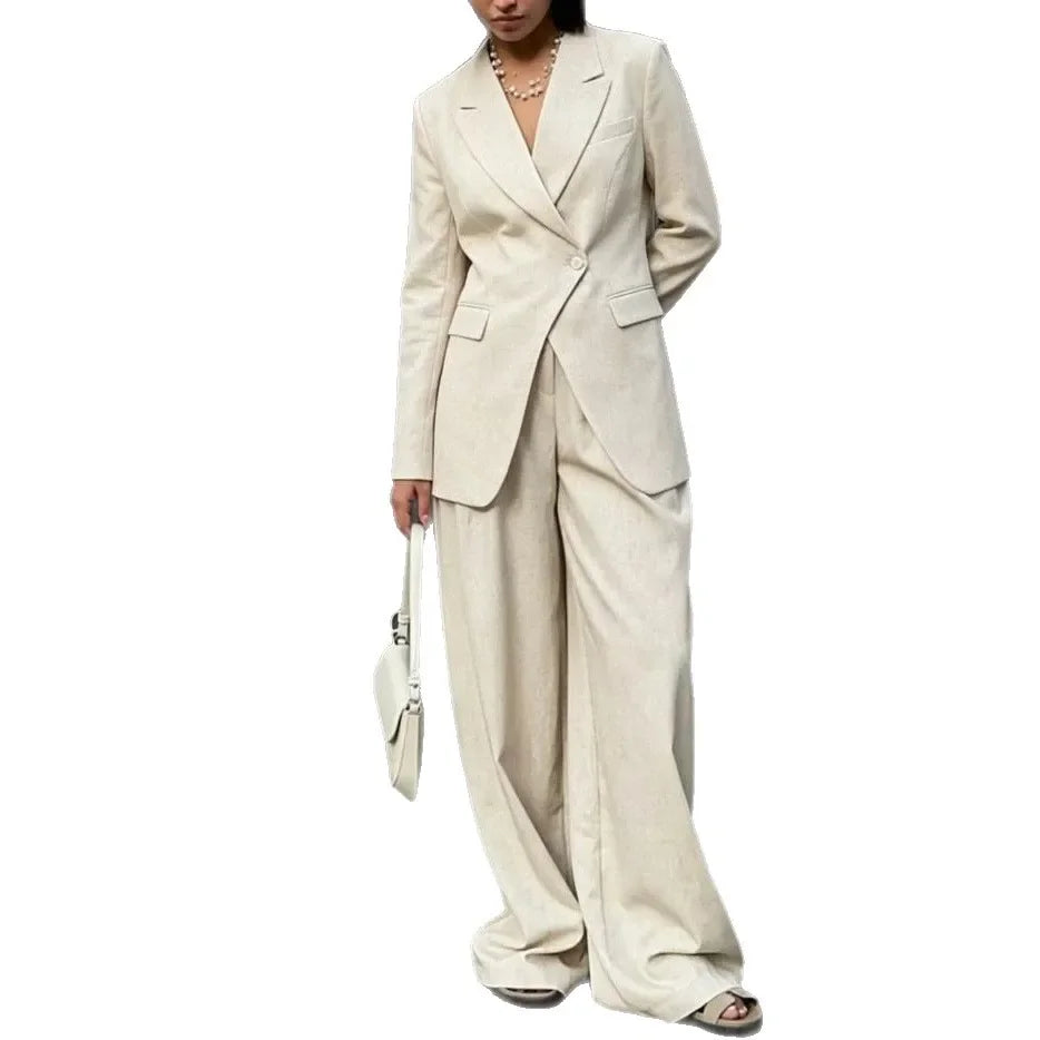 Women Beige Linen Lapel Blazer Wide Leg Pants Suit Notched Collar Straight Cuff Outfit 2026 Office Commute Elegant Street Sets