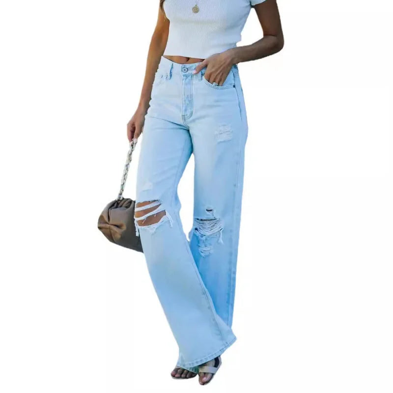 Women's Light Washed Ripped Denim Jeans Casual Trendy High Waist Straight Leg Pants