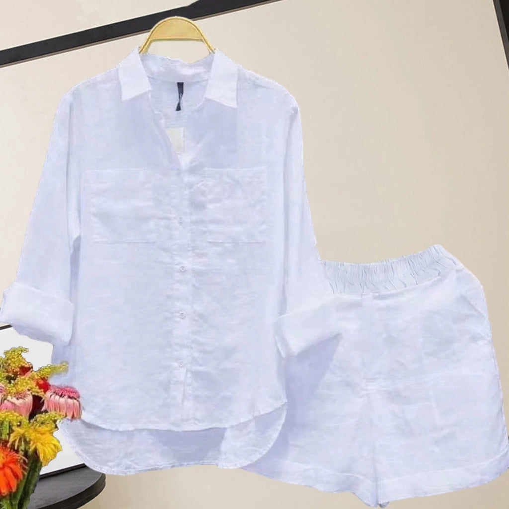 Women Spring Shorts Suits Holiday Long Sleeve Lapel Shirts And High Waist Pants 2 Pieces Jogger Sets Ladies Casual Outfits
