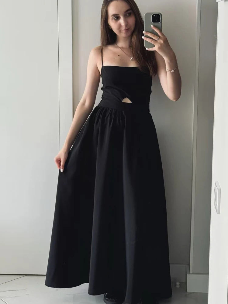 FSMG Fashion Black Breathable Sleeveless Backless Halter Dress Summer Sexy Spaghetti Strap Hollow Out Pockets Side Long Skirt