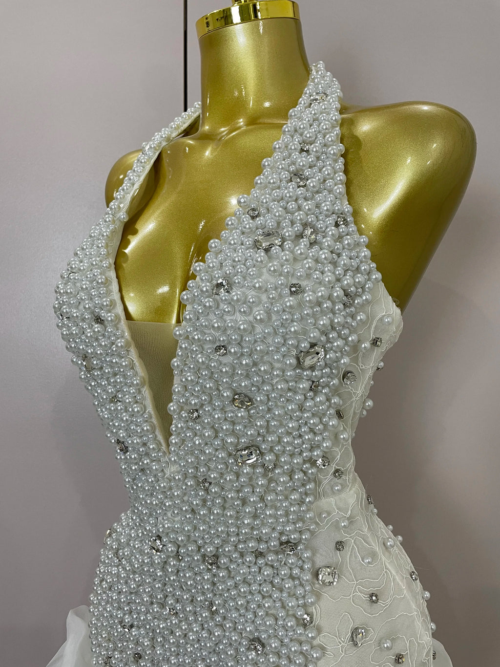 High Quality Luxury Shiny Diamonds Pearl Flowers Deep V Halter Short Dress Women Celebrate Eveing Celebrity Birthday Party Dress
