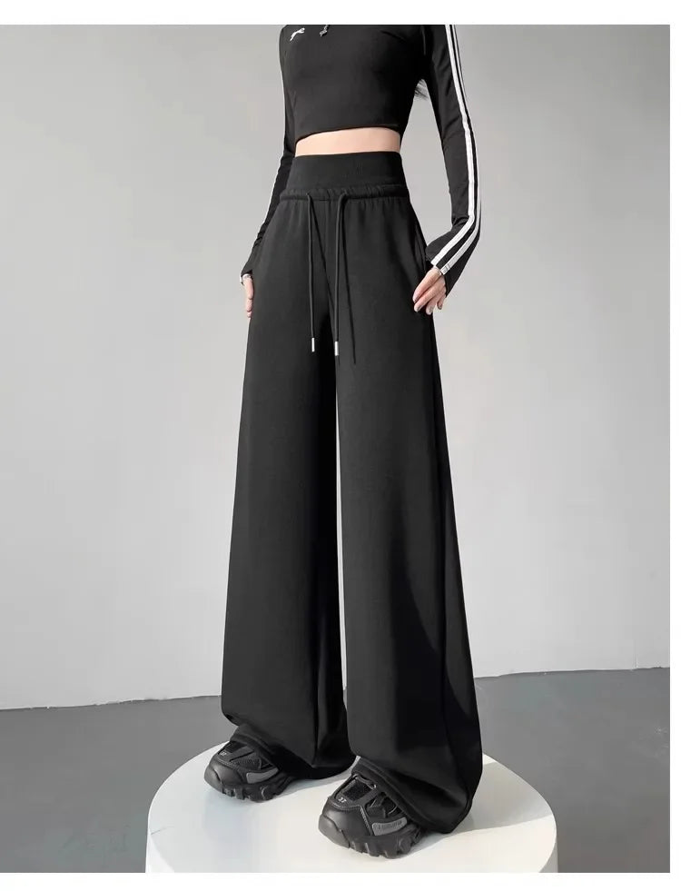 Women High Waist Drawstring Wide Leg Sweatpants Casual Loose Solid Color Straight Trousers Soft Sports Jogger Pants Streetwear