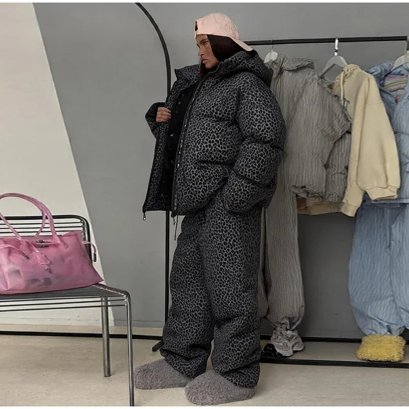 Women Winter Two‑Piece  Leopard Print Hooded Puffer Jacket Outfit Loose Cuffed Jogger Pants Warm Casual Streetwear Matching Set