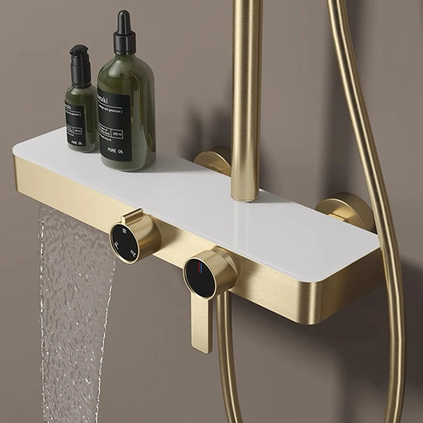 White Bathroom Shower System Set SDSN 12 Inch Round Rainfall Shower Head Brass Bathroom Faucet Hot Cold Gold Bathroom Shower Set