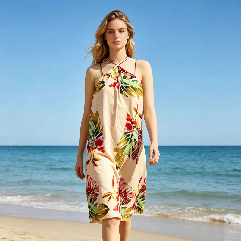 Women's Boho Halter Neck Dress, Tropical Banana Leaf & Peacock Print Backless Swing Dress, Summer Beach Casual Sundress