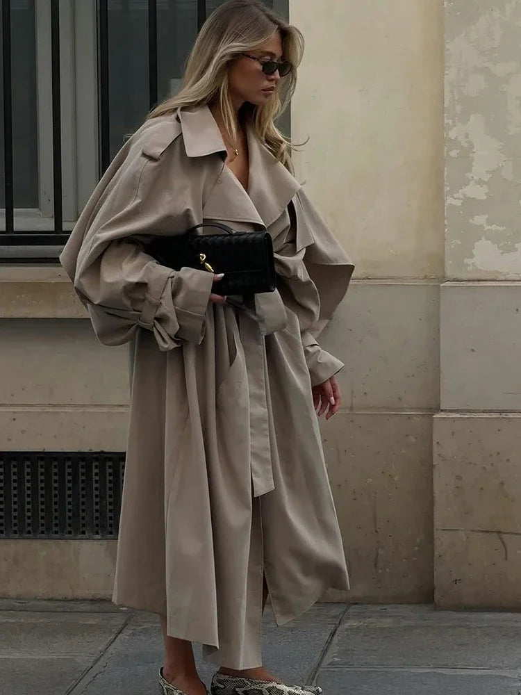 Khaki Lace Up Cape Trench Coat Loose Solid Full Sleeve Lapel Windbreaker 2026 Autumn New Fashion Commute Casual Daily Coats