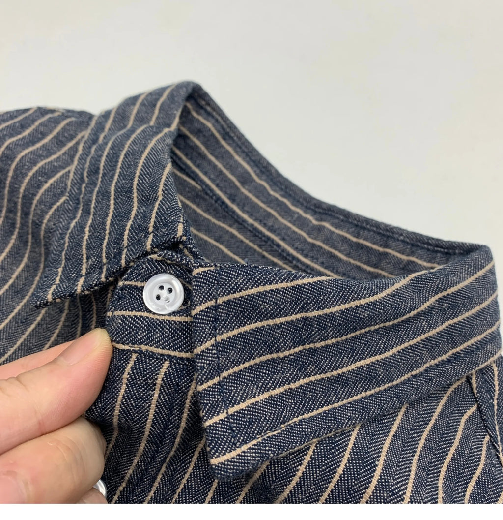 55% Linen 45% Cotton Vintage Striped Shirts for Men American Casual Retro Loose Blouses 2024 Spring Autumn Long Sleeve Male Tops