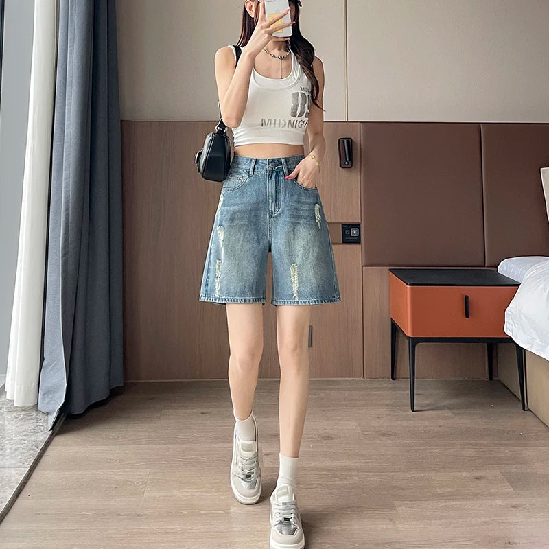 2026 Summer New Women Vintage Washed Ripped Denim Bermuda Shorts Loose Straight Five Points Casual Street Jeans