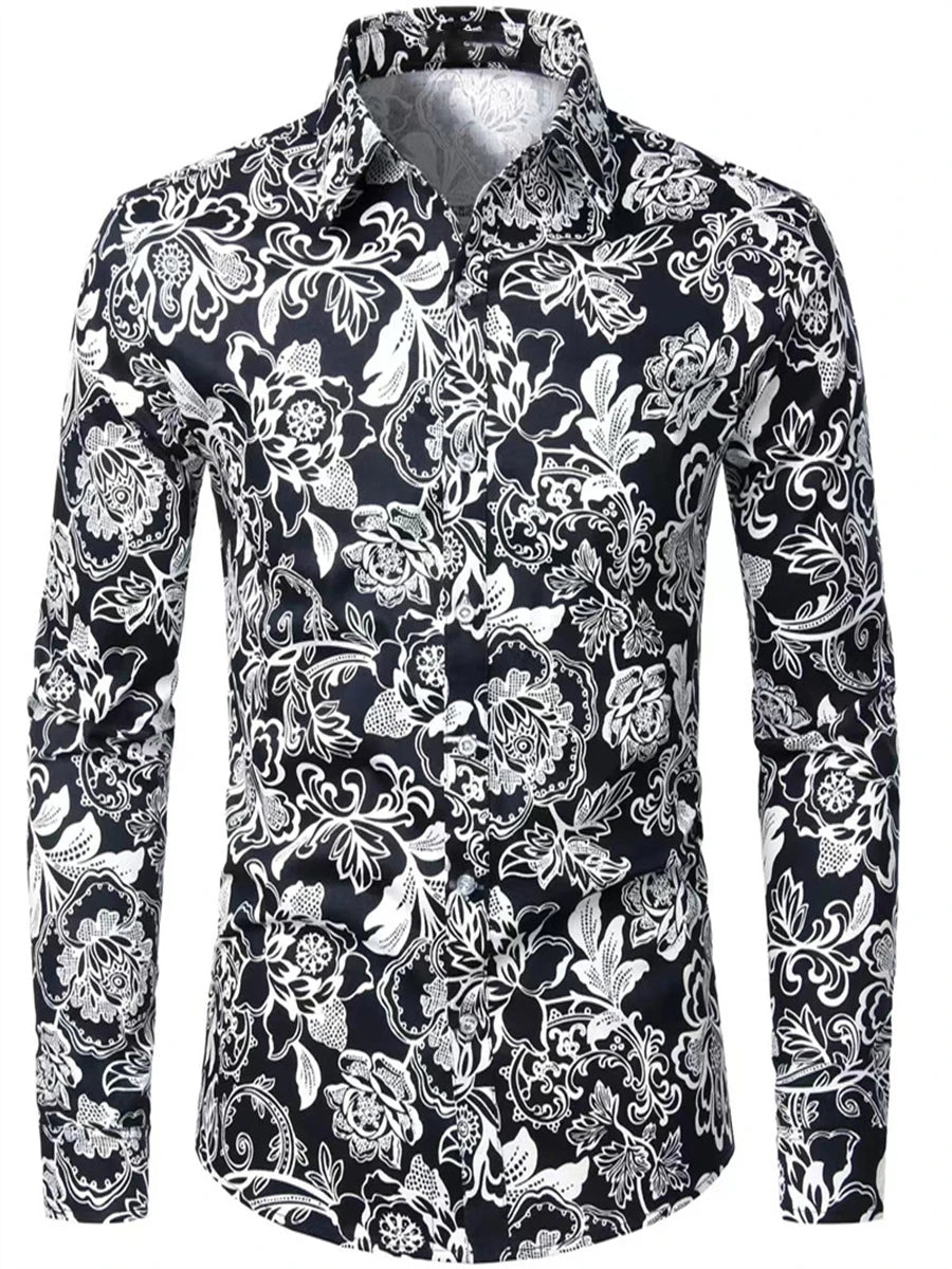 Spring and Autumn Men's Casual Outdoor Luxury Suit Lapel Shirt Long Sleeve Soft Comfortable Material Floral Rose Red HD Pattern