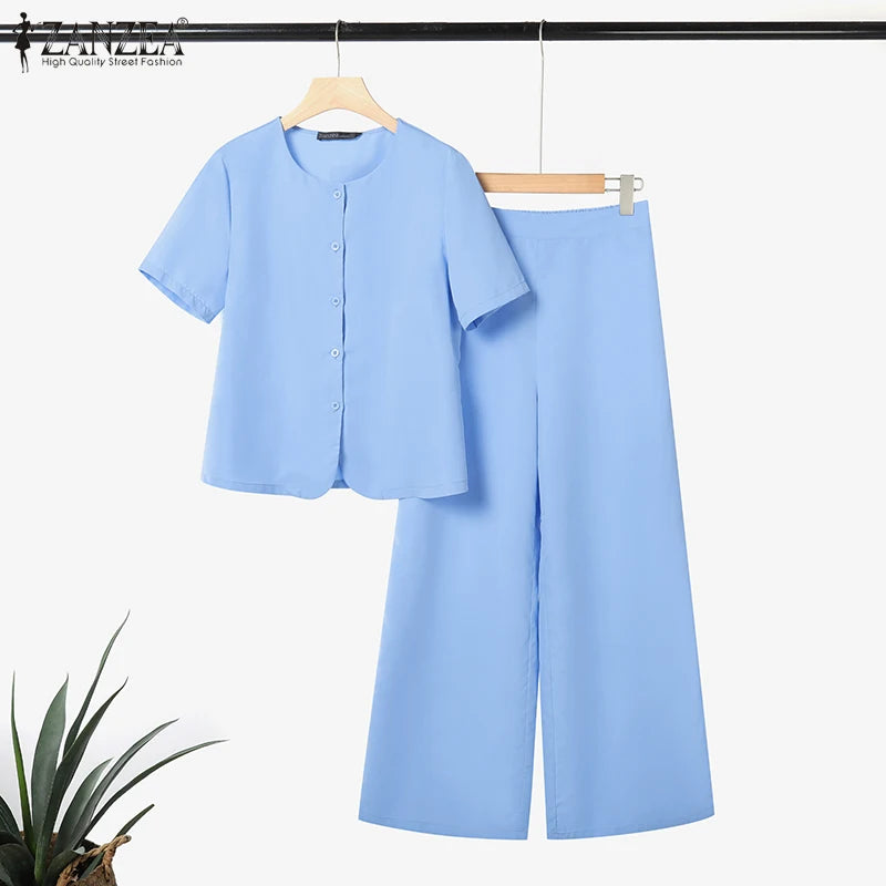 Fashion Summer 2PCS Outfits ZANZEA Women Pant Sets Short Sleeve Buttons Tops Suit Casual Solid Work OL Tracksuits Matching Sets