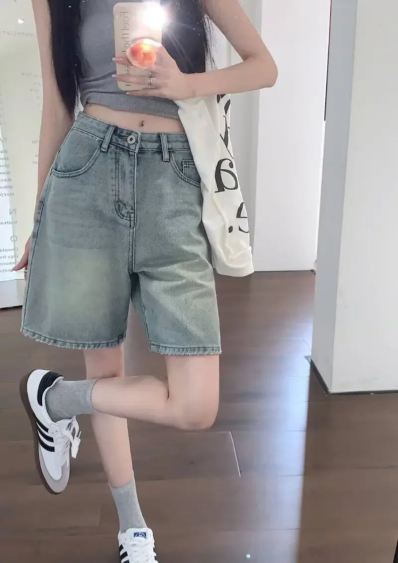 Summer High Waist Retro Jean Shorts for Women Loose Straight Denim Fashion Versatile Leisure Shorts Women's 2026