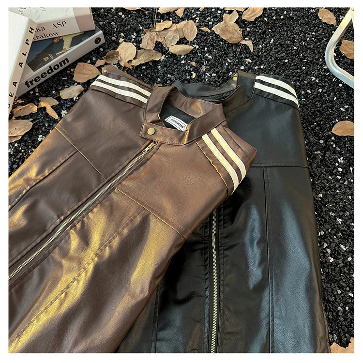 Men's Brown Leather Jacket American Retro Patchwork Striped Outerwear Youthful Style Summer Biker Coat Long Sleeve Zipper Clo...