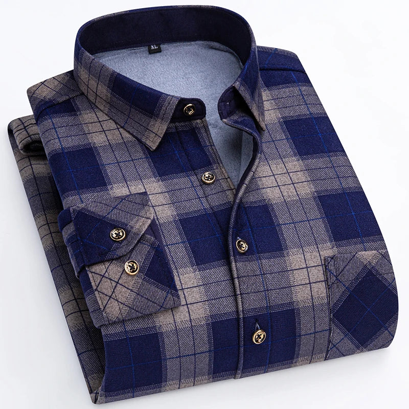 Winter Warm Shirts For Men Regular Fit Thicker Velvet Top Blouse Asia Plus Size Big Plaid Casual Clothing Long Sleeves Shirts