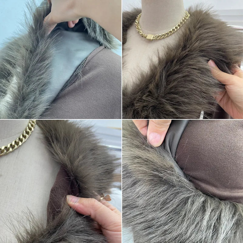 ISAROSE Big Artificial Fur Collar T-shirt for Women Y2K Solid Color V Neck Spring Autumn Sanded Fabric Lining Short Slim Tops