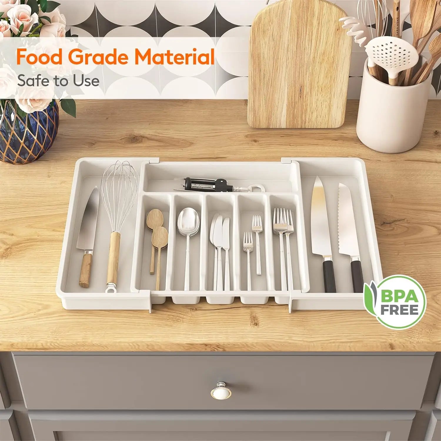 Large Extendable Cutlery Organizer Tray Adjustable Kitchenware Drawer Storage for Spoons Forks Knives