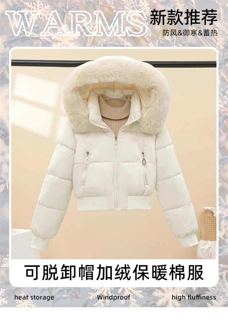 Short Cotton Jackets Long Sleeve Loose Hooded Short Women's Parka Coats Big Fur Collar Winter Down Cotton Padded Coats 2025 New