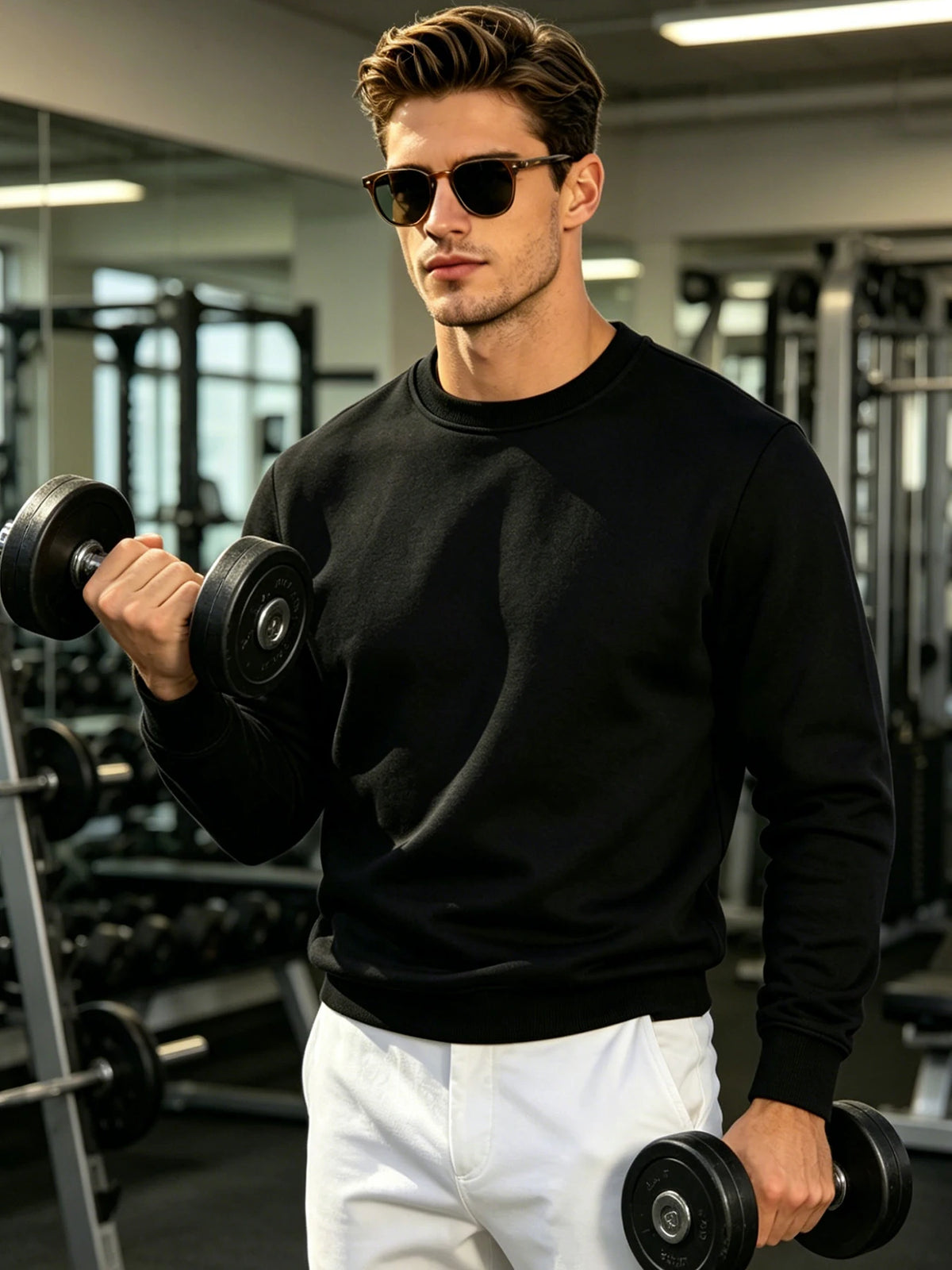 Men Solid Plain Crew Neck Sweatshirt Classic Rib Round Collar Cuffs & Hem Reinforced Waffle Stitching Soft Lightweight Wrinkle