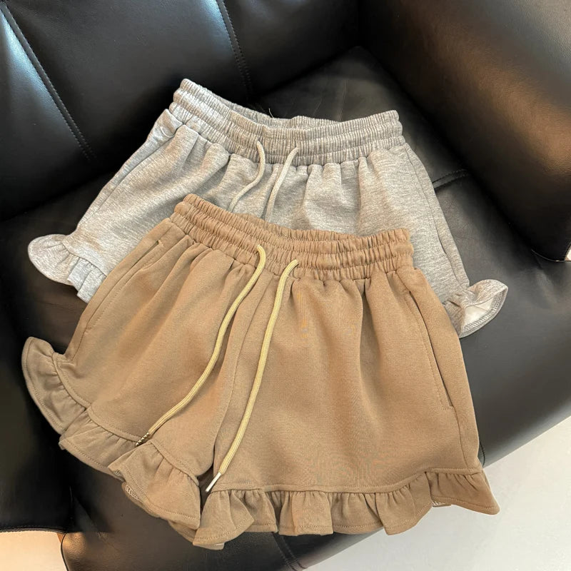 High Waist Wide Leg Casual Shorts Women Summer Korean Loose Versatile Wood Grain  Sports Beach Hot Pants Asymmetric Strai...