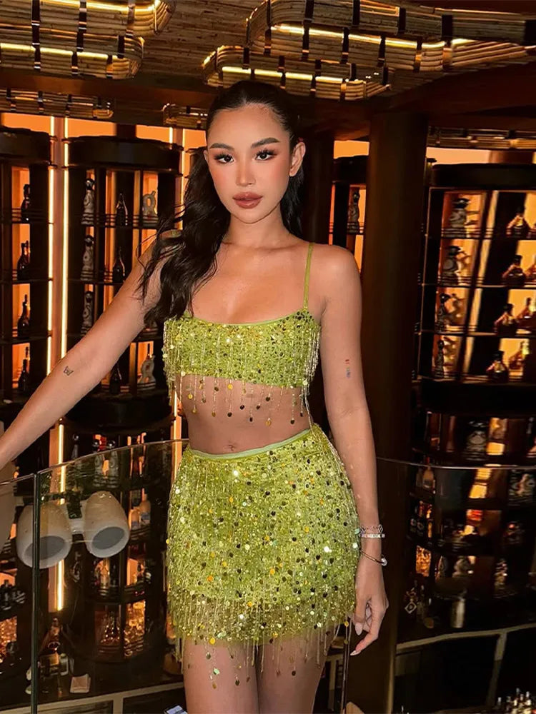 Sexy Tassel Sequins Vest Mini Skirt Women Crop Sling Vests Short Hip Package A-line Skirts 2026 Summer Lady Beach Party Outfits