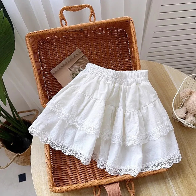 Girls' Skirt 2025 Summer New Children's White Short Skirts with Safety Pants Lace Cake pleated Skirt for Baby Kids Clothing