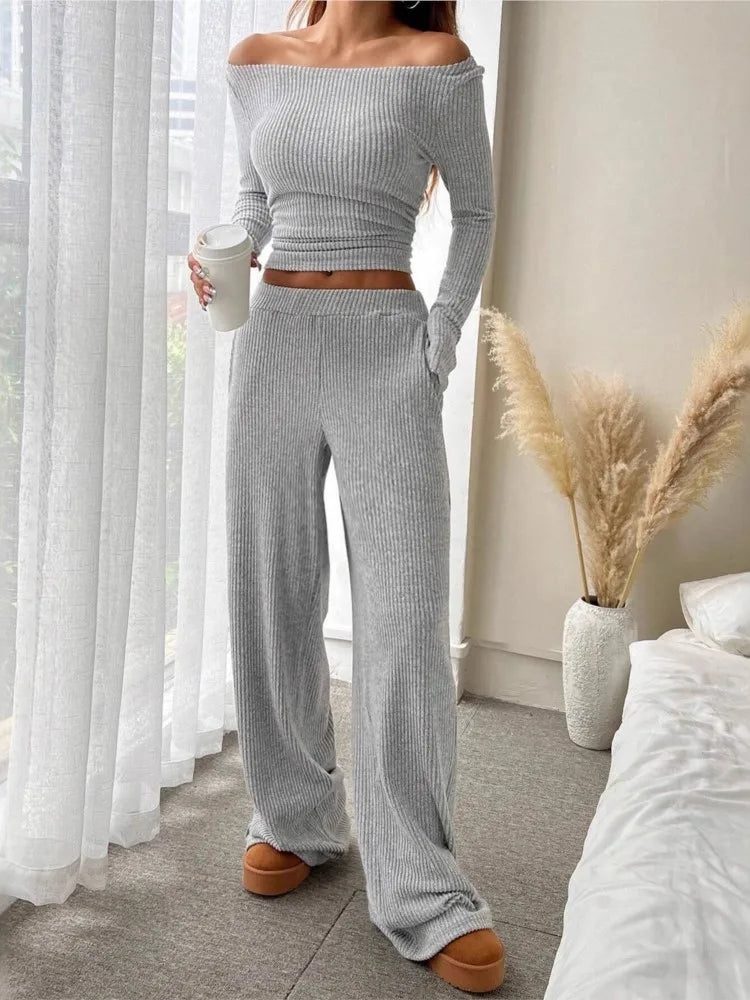 Casual Solid Slim Set For Women Fashion Long Sleeve O Neck Tops+High Waist Wide Leg Pants 2 Piece Sets Lady Holiday Clothes New