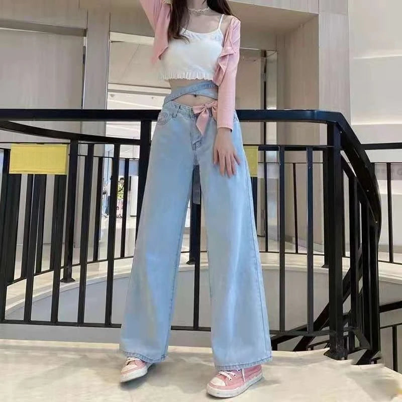 Women's High Waist Baggy Jeans Korean Trendy Loose Wide Leg Denim Pants with Ankle Ties Flowy Floor Length Streetwear