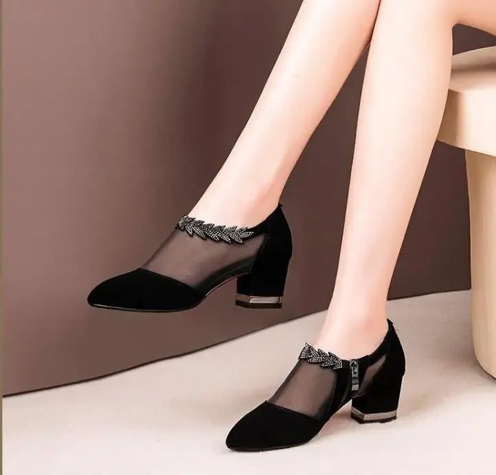 Summer Women High Heel Shoes Mesh Breathable Pumps Zip Pointed Toe Thick Heels Fashion Female Dress Shoe Autumn Elegant Footwear