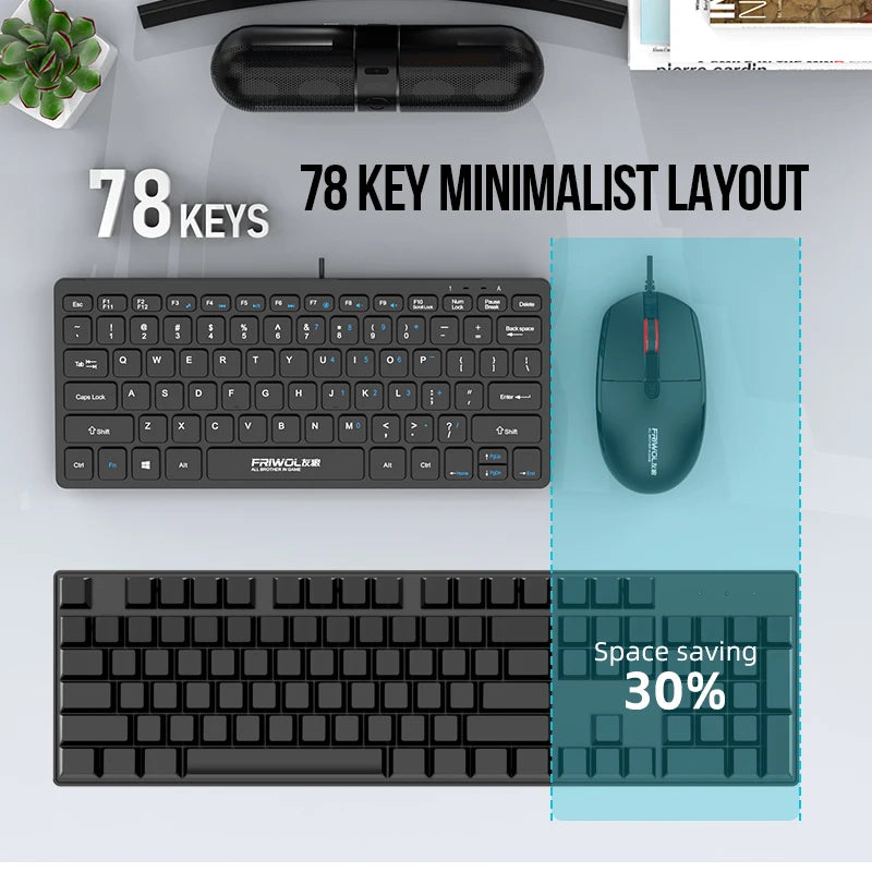 FRIWOL KT-100 Wired  Keyboard Mouse Set 78 Key Mini Portable Keyboard USB Desktop Laptop Office Home Light voice