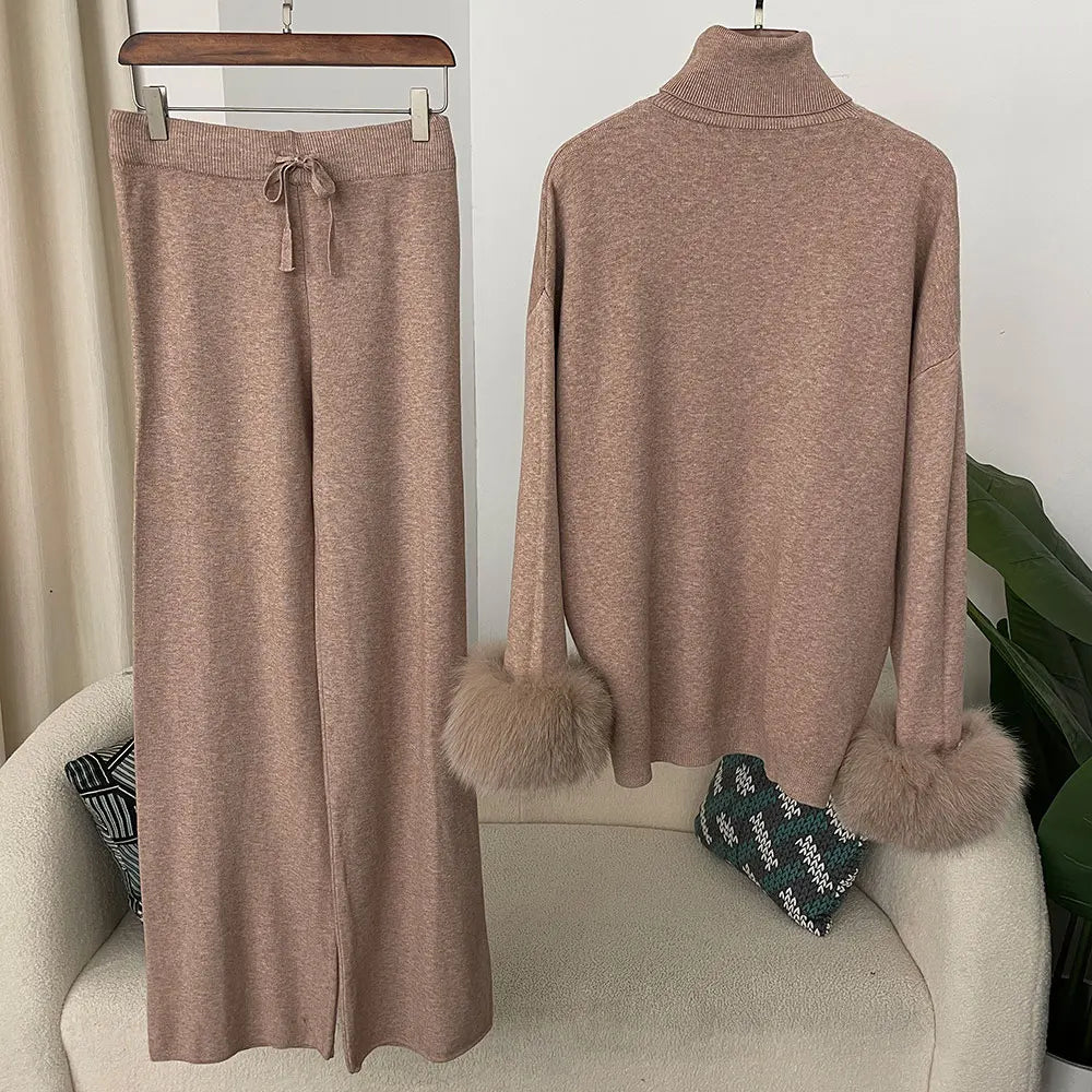 2024 New Fashion Autumn Winter Natural Real Fox Fur Cuffs Coat Knitted Sweater Women Long Pants Set Jacket Thick Warm